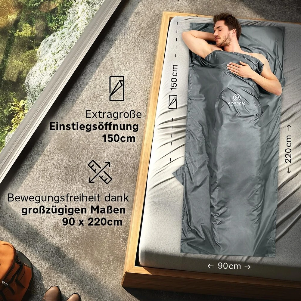 Armadic mikropluošto miegmaišio įdėklas (tik 230g) - itin lengvas, mažas ir plonas. Kelioninis miegmaišis, miegmaišio įdėklas, įklotas I Idealus kuprinėms, nakvynės namams ir kalnų trobelėms