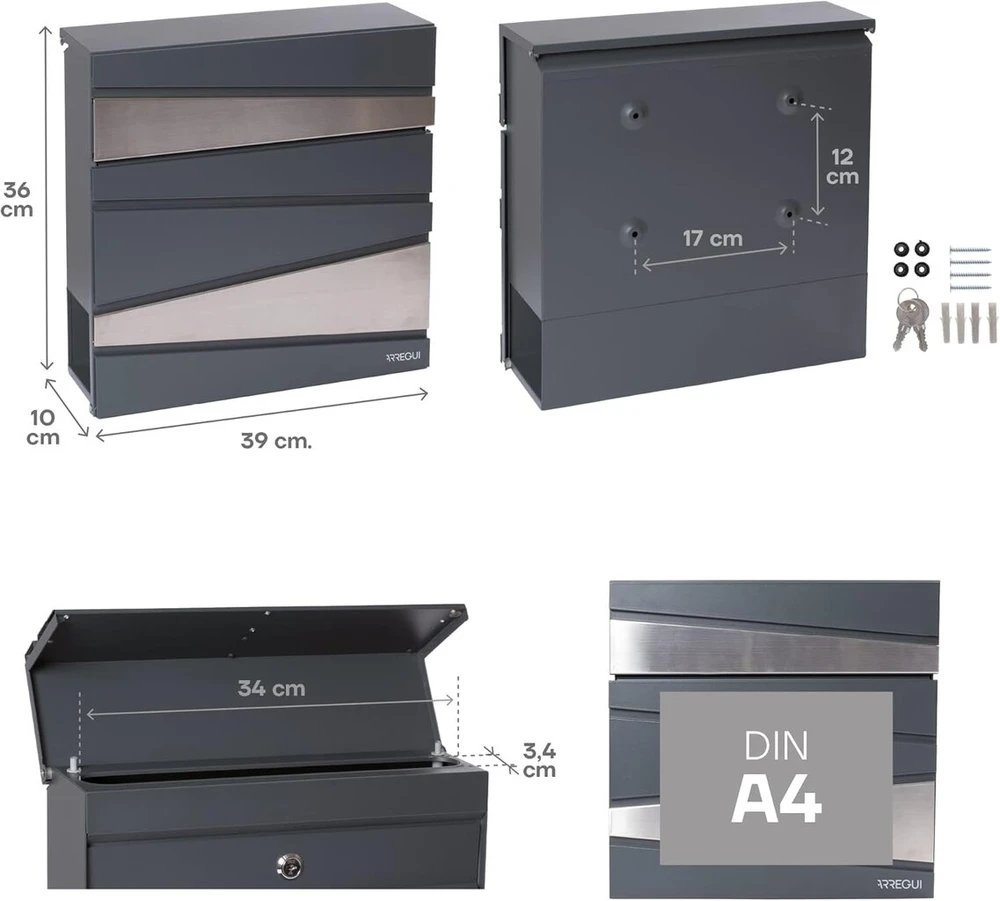 Arregui Armor E6905 dizainerio pašto dėžutė, pagaminta iš galvanizuoto plieno su laikraščio laikikliu, pašto dėžutė + laikraščių dėžutė, dydis M (din A4), moderni sieninė pašto dėžutė su apsauginiu atvartu, antracito pilka