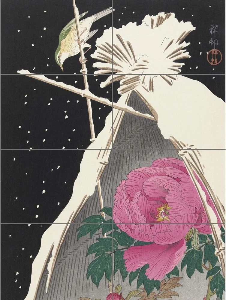 Artery8 Ohara Koson Siberian Bluechat šalia bijūno Xl didelis plakatas (8 dalys) mėlynas