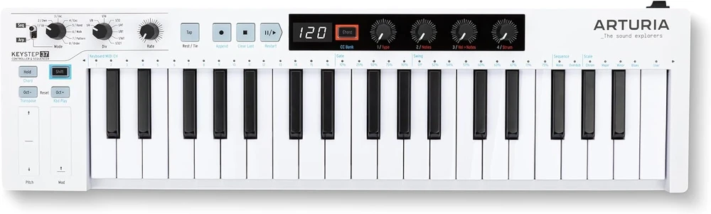 Arturia - Keystep 37 - kūrybiškas midi valdiklis, sekvenceris, arpedžiatorius ir akordų generatorius - 37 klavišų slimkey klaviatūra, priskiriamas midi cc valdiklis, skalės režimas, universalios jungčių parinktys