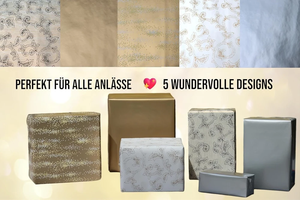 Artwelten Home & Style Kalėdinis dovanų pakavimo popieriaus rinkinys, 5 ritinėliai po 2 m x 70 cm, idealiai tinka vestuvėms, gimtadieniui, Kalėdoms, aukso, sidabro ornamentais, blizgučiais, taškeliais, gimtadienio popierius (auksinis)