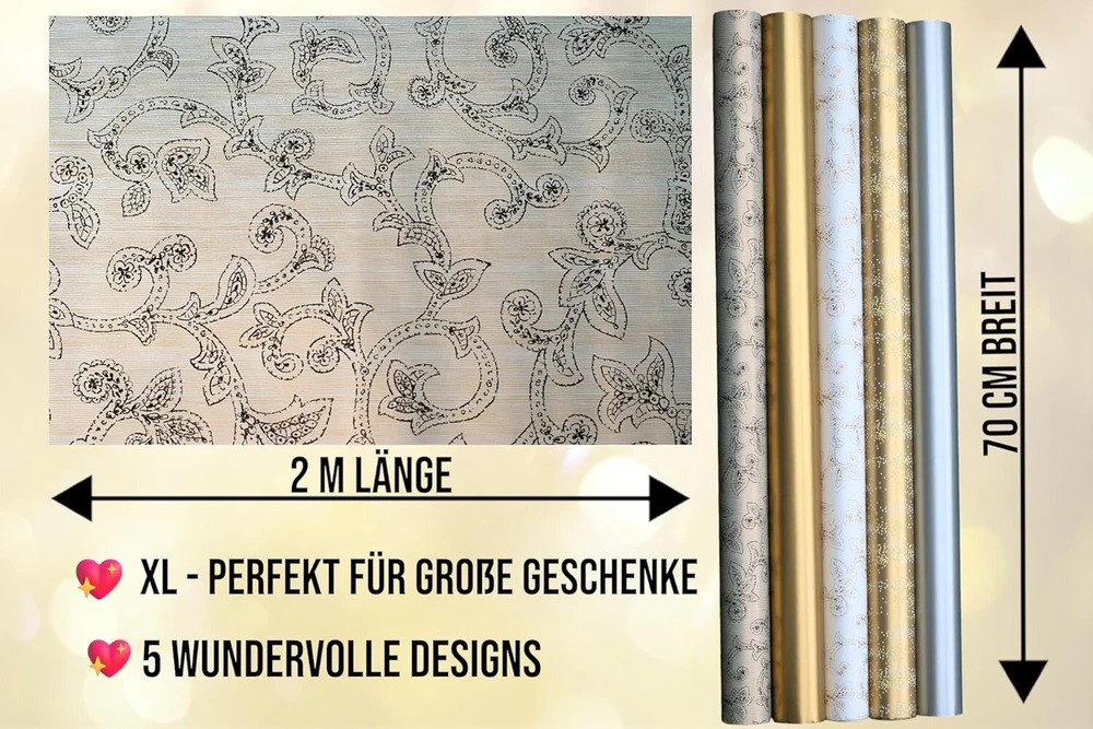 Artwelten Home & Style Kalėdinis dovanų pakavimo popieriaus rinkinys, 5 ritinėliai po 2 m x 70 cm, idealiai tinka vestuvėms, gimtadieniui, Kalėdoms, aukso, sidabro ornamentais, blizgučiais, taškeliais, gimtadienio popierius (auksinis)