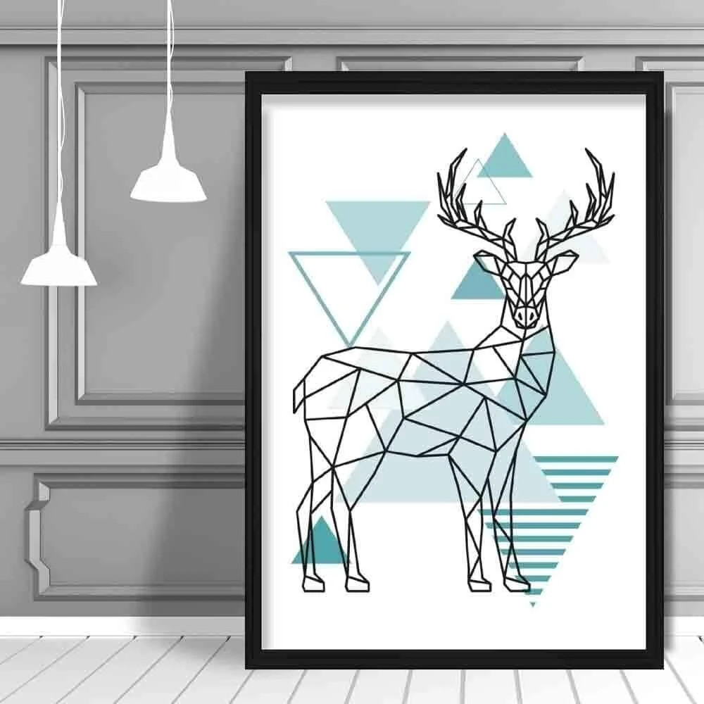 Artze skandinaviško stiliaus plakatas su elniu, abstrakti geometrija, 40 cm plotis x 50 cm aukštis, aqua mėlyna