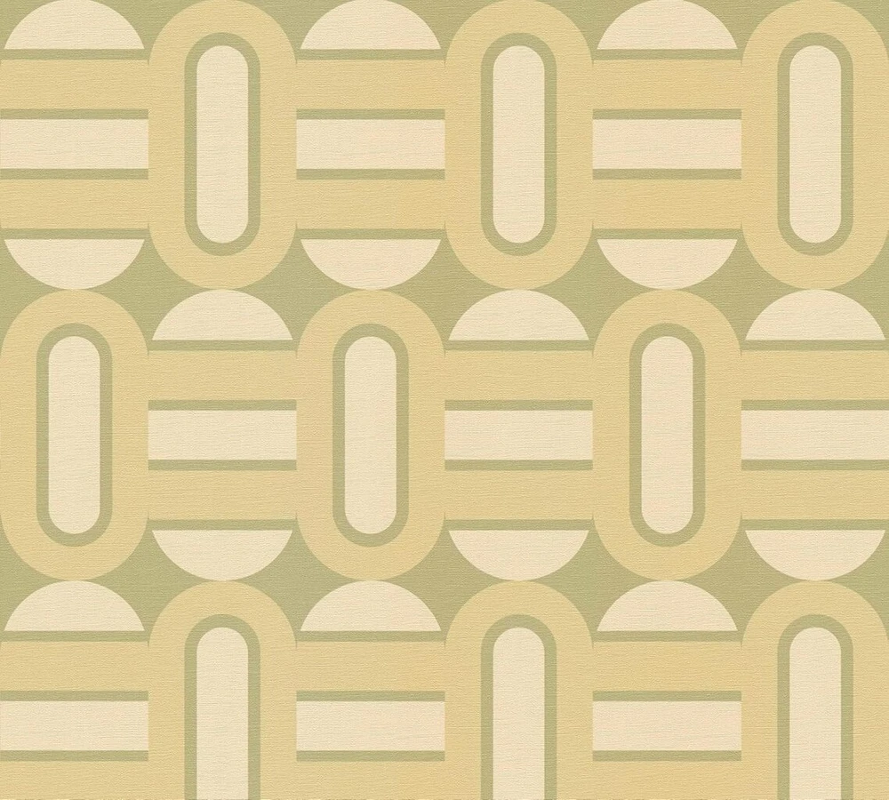 A.s. Création 395361 retro tapetai 70s 0.53 x 8.5 m, vintažiniai grafiniai raštai žalia kreminė spalva - neaustiniai tapetai retro chic, pagaminta vokietijoje