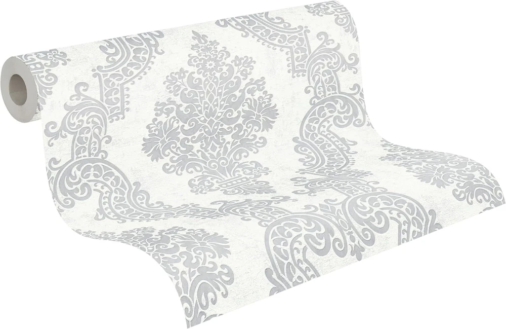 A.s. Création Pure Elegance 397655 flizelininiai tapetai su ornamentais, 0.53 x 10.05 m, balti, pilki, barokiniai tapetai, pagaminti Vokietijoje
