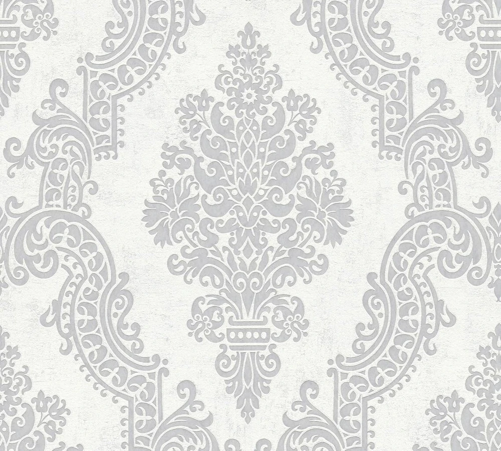 A.s. Création Pure Elegance 397655 flizelininiai tapetai su ornamentais, 0.53 x 10.05 m, balti, pilki, barokiniai tapetai, pagaminti Vokietijoje