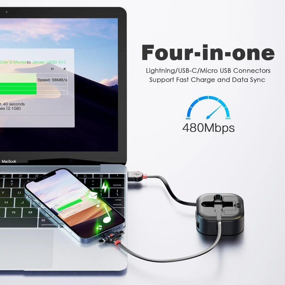 Asicen 1,2 m multi usb kabelis, ištraukiamas kelių įkrovimo kabelis, 4,5a universalus kelių greito įkrovimo kabelis su ip/type c/micro usb, skirtas iphone 16 15 14, android galaxy, pixel, lg, planšetiniams kompiuteriams