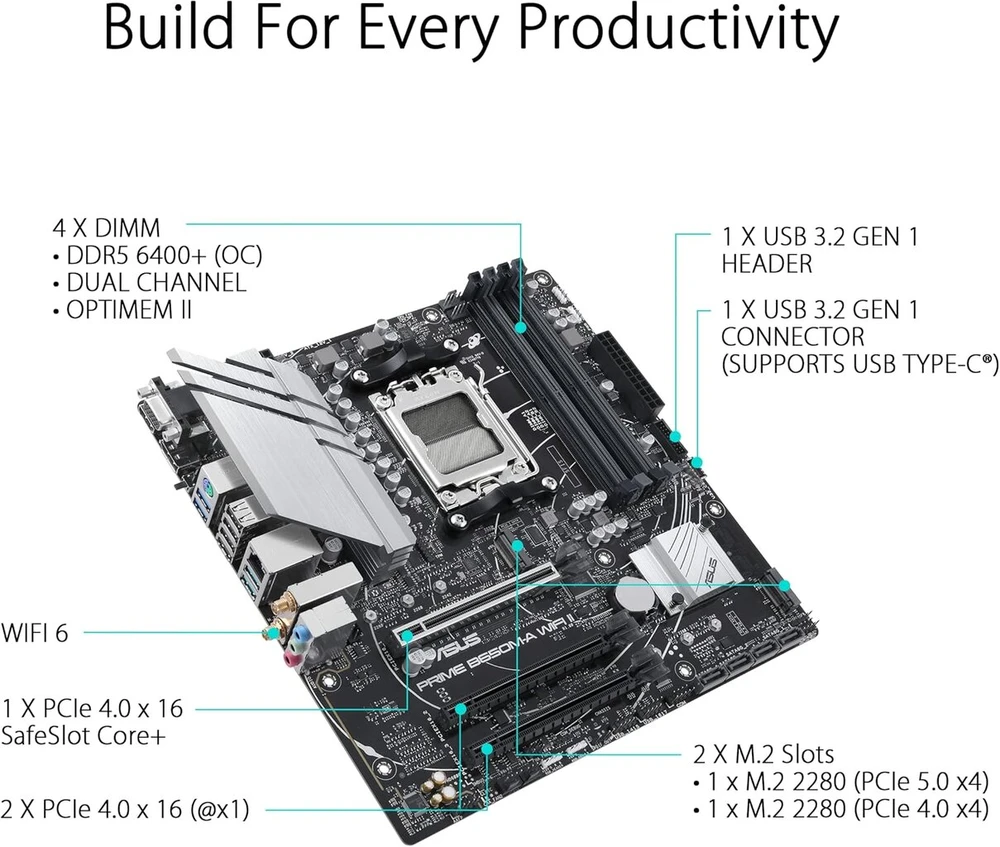 Pagrindinė plokštė Asus Prime B650m-a Wifi Gaming motininė plokštė, Amd Am5 lizdas, Ryzen 7000, Micro-atx, Ddr5 atmintis, Pcie 5.0, Wifi 6, Bios Flashback, Usb 3.2 Gen 2, Aura Sync