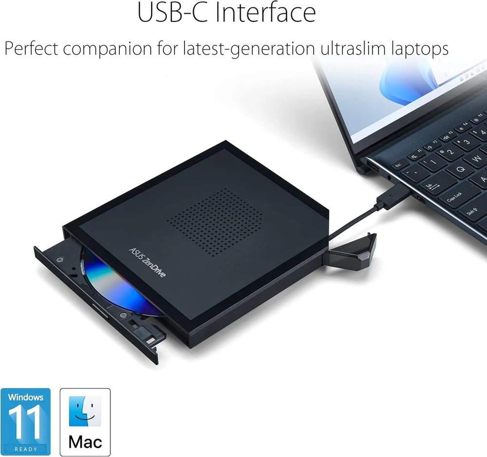 Asus Zendrive V1m (sdrw-08v1m-u) išorinis Dvd įrašymo įrenginys (integruotas kabelio laikymo dizainas, Usb-c sąsaja, suderinamas su Windows 11 ir Macos, M-disc) 90dd02l0-m29000