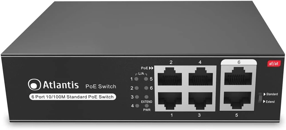 Atlantis 6 prievadų 10/100mbps komutatorius su 4 poe prievadais iki 65w, kiekvienas prievadas iki 30w, skirtas staliniams ir stelažiniams kompiuteriams, vidinis aliumetrinis metalinis korpusas a02-f6p4-65w, vlan ir išplėstinė funkcija, iki 250m
