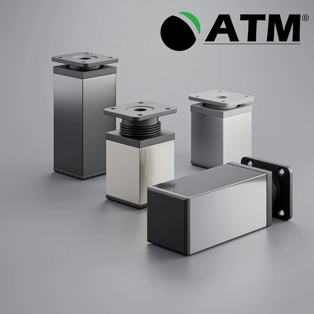 Atm® baldų kojelės, 4 vnt. rinkinys, aliuminio, sidabro spalvos, 60 mm, reguliuojamo aukščio, kojelės baldams, kvadratinės baldų kojelės, metalas ir plastikas, profilis: 40 x 40 mm