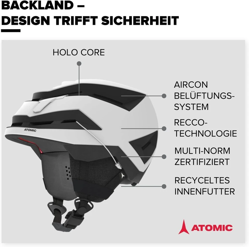 Atomic Backland slidinėjimo šalmas lengvas ir saugus – baltas – dydis M – maksimali smūgio absorbcija – Active Aircon ventiliacijos sistema – 3d ausų pagalvėlės + 360° prigludimo sistema tobulam prigludimui – galvos apimtis 55–59 cm