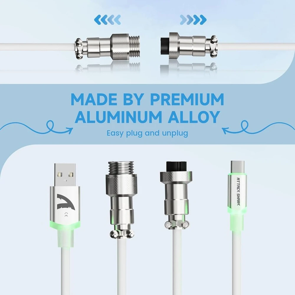 Attack Shark C01ultra spiralinis klaviatūros kabelis su rgb apšvietimu, individualizuotas tpu spiralinis usb c kabelis 8khz mechaninei klaviatūrai, type c į usb-a, nuimamas 4 kontaktų metalinis aviacinis kištukas, 143.5 cm, baltas