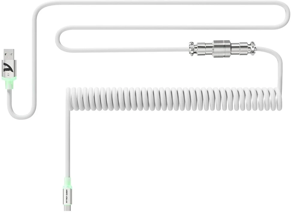 Attack Shark C01ultra spiralinis klaviatūros kabelis su rgb apšvietimu, individualizuotas tpu spiralinis usb c kabelis 8khz mechaninei klaviatūrai, type c į usb-a, nuimamas 4 kontaktų metalinis aviacinis kištukas, 143.5 cm, baltas