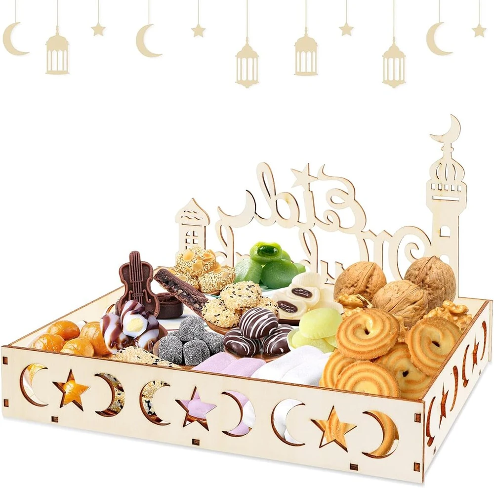Atuoxing ramadano lėkštė, eid mubarak lėkštė, medinis padėklas, desertų padėklas, medinė lėkštė su mėnulio ir žvaigždžių raštu, ramadano dekoracija, saldumynams, pyragams, sausainiams, eid stalo dekoravimui