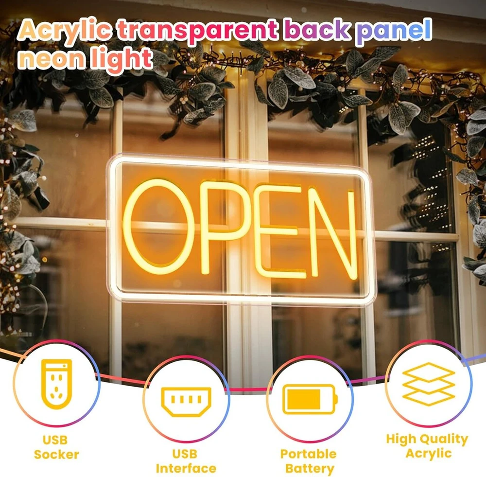 Atviras neoninis ženklas, 43 x 23 cm atviras neoninis ženklas neoninė šviesa baras neoninis ženklas led neoninė šviesa maitinamas usb su reguliuojamais jungikliais barui klubui parduotuvei restoranui kavinei