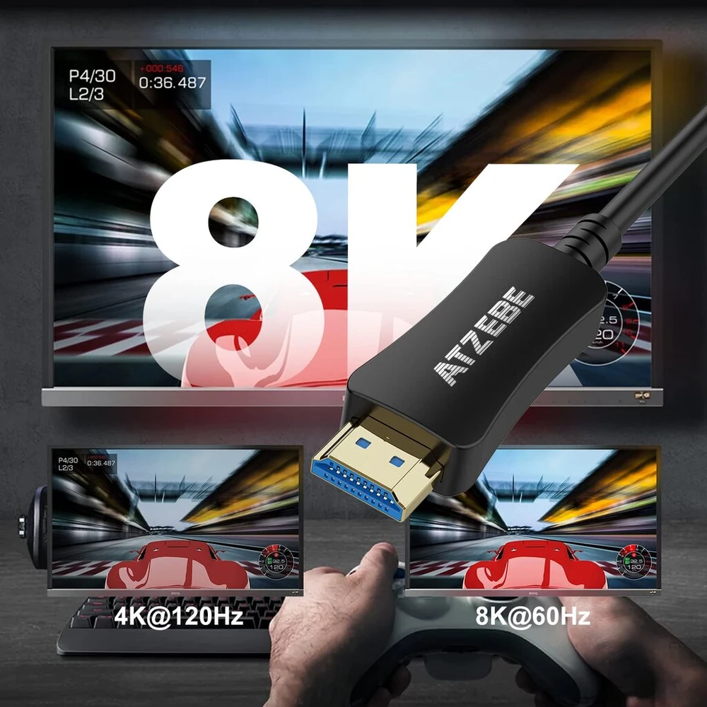 Atzebe hdmi šviesolaidinis kabelis hdmi 2.1 kabelis 15 m 48 gbps didelės spartos kabelis 8k @ 60hz 4k @ 120hz palaiko dolby dynamic hdr hdcp 2.3 earc