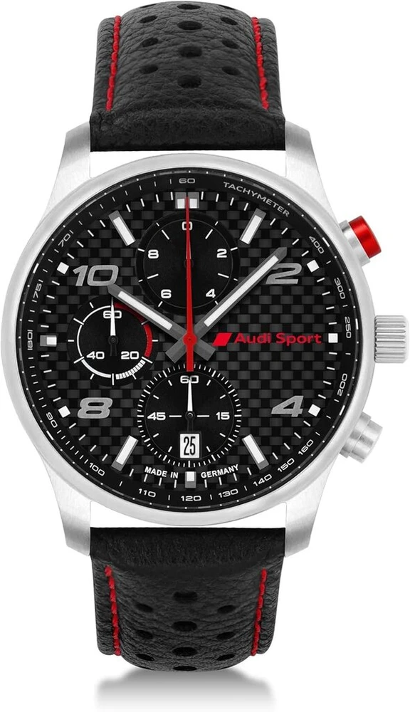 Audi Collection 3102200600 chronografinis carbon sport laikrodis, odinis vyriškas laikrodis, juodas/sidabrinis/raudonas