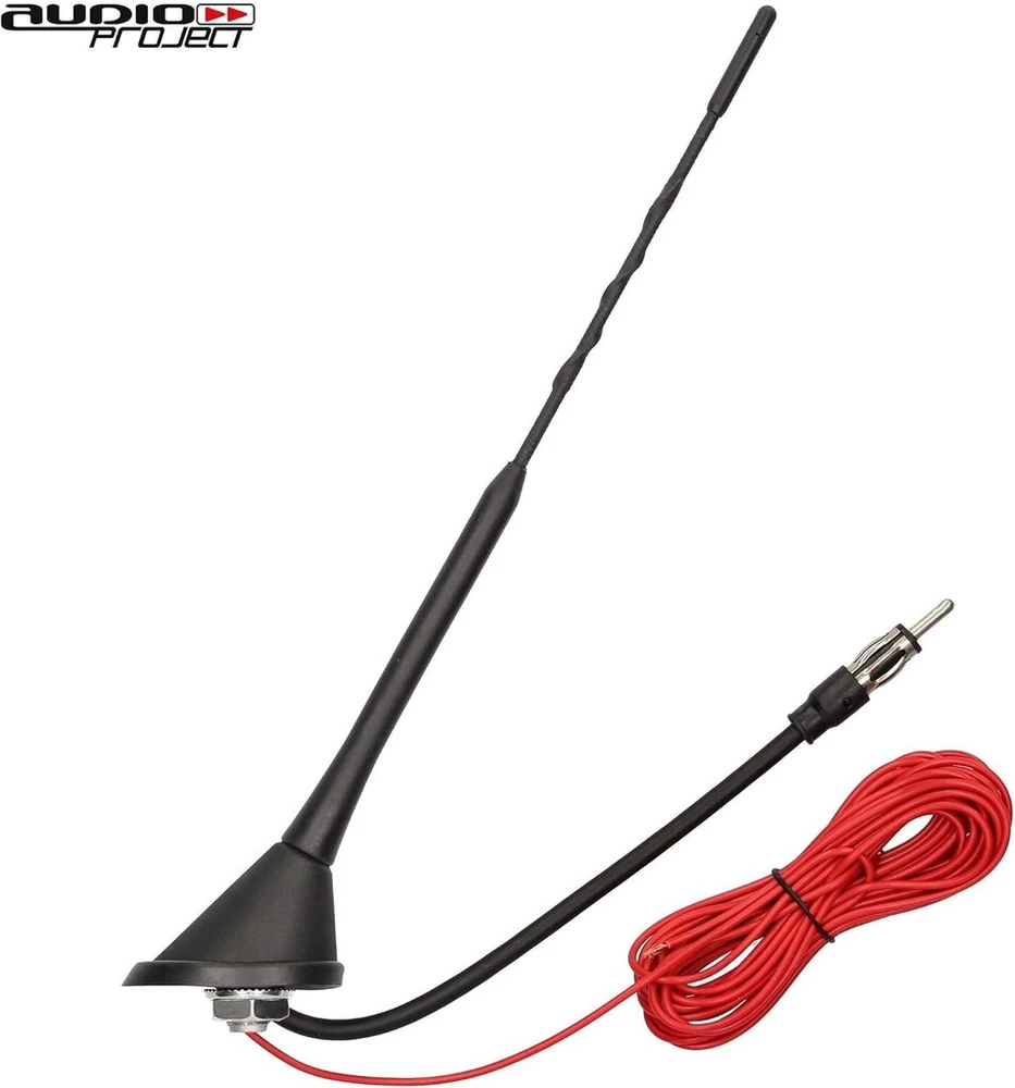Audioproject A284 universali automobilinė antena 28 cm su pagrindu 16 V antenos stiprintuvu, 5 m maitinimo kabeliu, skirta automobilio stogui, automobilio radijui, suderinama su Vw Golf 4 5 6 Passat Polo Audi Opel Corsa Astra Ford Bmw Mini
