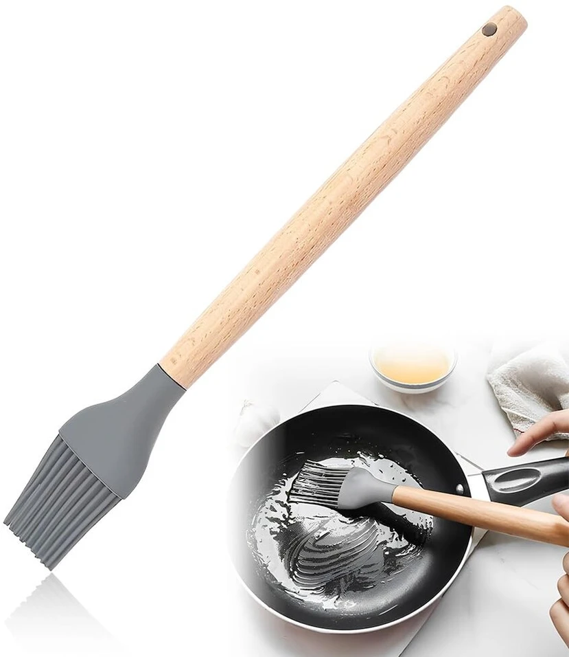 Auefudq silikoninis teptukas konditerijai - [100% be plastiko] silikoninis teptukas su medine rankena - kepimui ir grilinimui - aukščiausios kokybės maistinis virtuvinis teptukas - 100% be Bpa ir atsparus karščiui iki 200°c