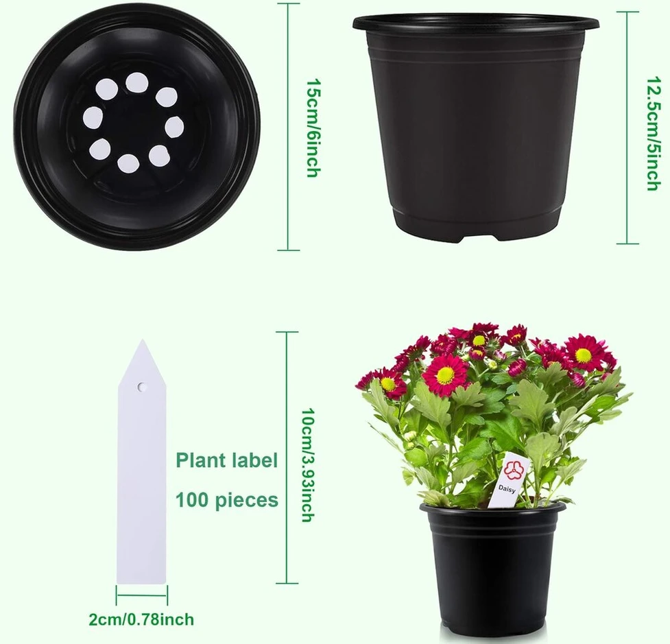 Augshy juodi plastikiniai vazonai, 75 vnt., 15 cm, plastikiniai vazonai su 100 etikečių, plastikiniai daiginimo vazonai sukulentams, daigams, augininiams persodinti