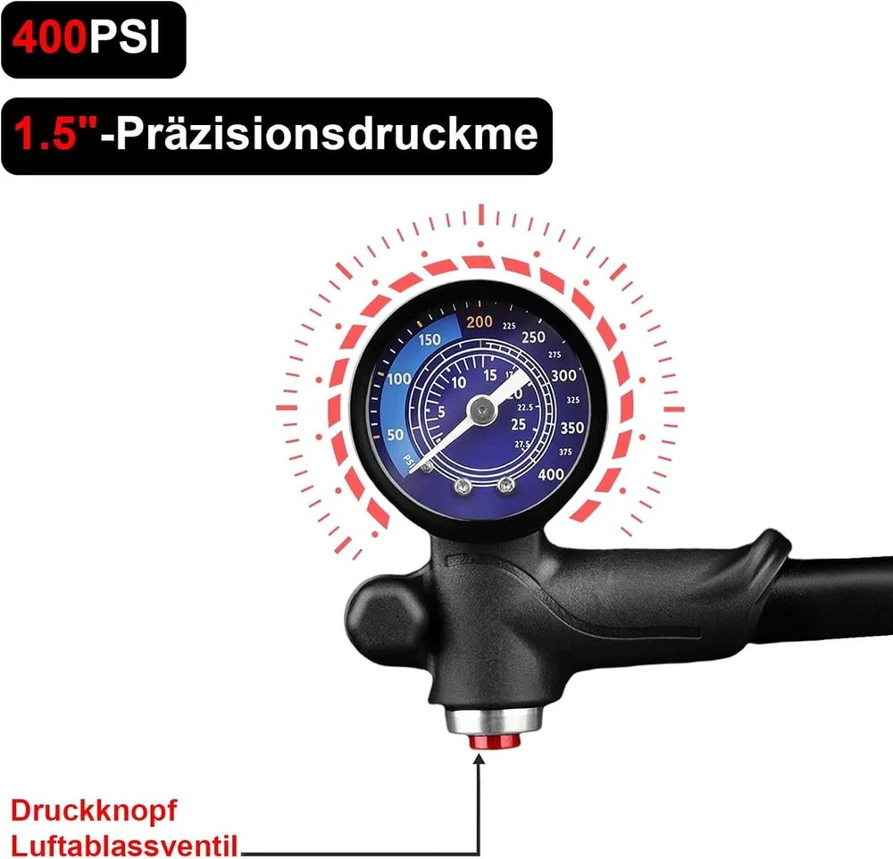 Aukšto slėgio dviračio amortizatoriaus pompa (maks. 400 psi) 3-in-1 dviračio šakės pompa, galinės pakabos pompa ir dviračio padangų pompa, dviračio pompa su manometru, nešiojama mini pompa su išleidimo mygtuku