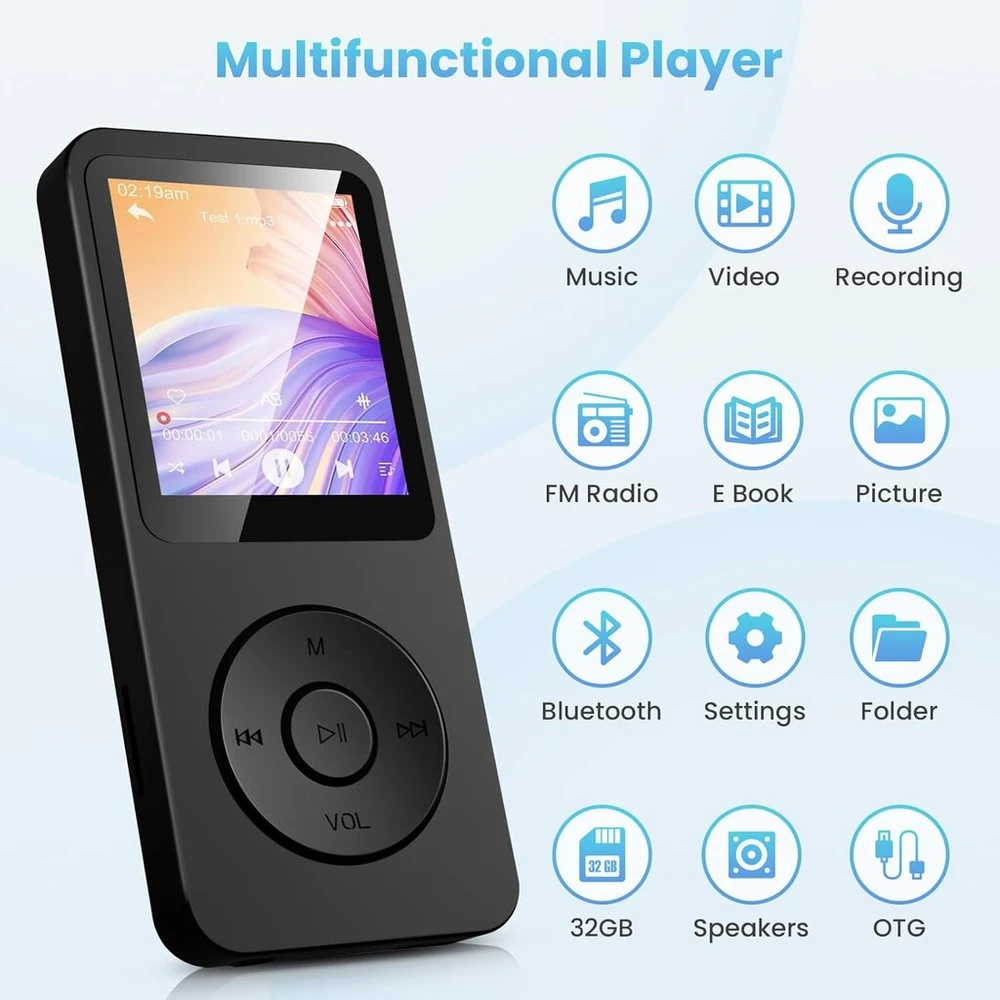 Ausinės 32 gb mp3 grotuvas bluetooth 5.3 su 1.8 colio tft spalvotu ekranu su ausinėmis, hifi muzikos mp3 grotuvas vaikams su garsiakalbiu, fm radijas, e-knyga, įrašymas, palaiko iki 128 gb, juodas