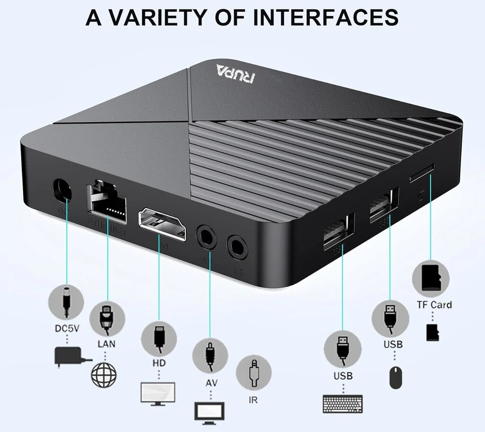 Ausinės Rupa Android Tv Box 11.0, 2024 Smart Tv Box 2gb Ram 16gb Rom Palaiko Hdr10.0 Wifi5 Dolby, Chromecast, Hulu, Netflix, Prime Video, Disney+ su nuotolinio valdymo pulteliu balsu, baltas