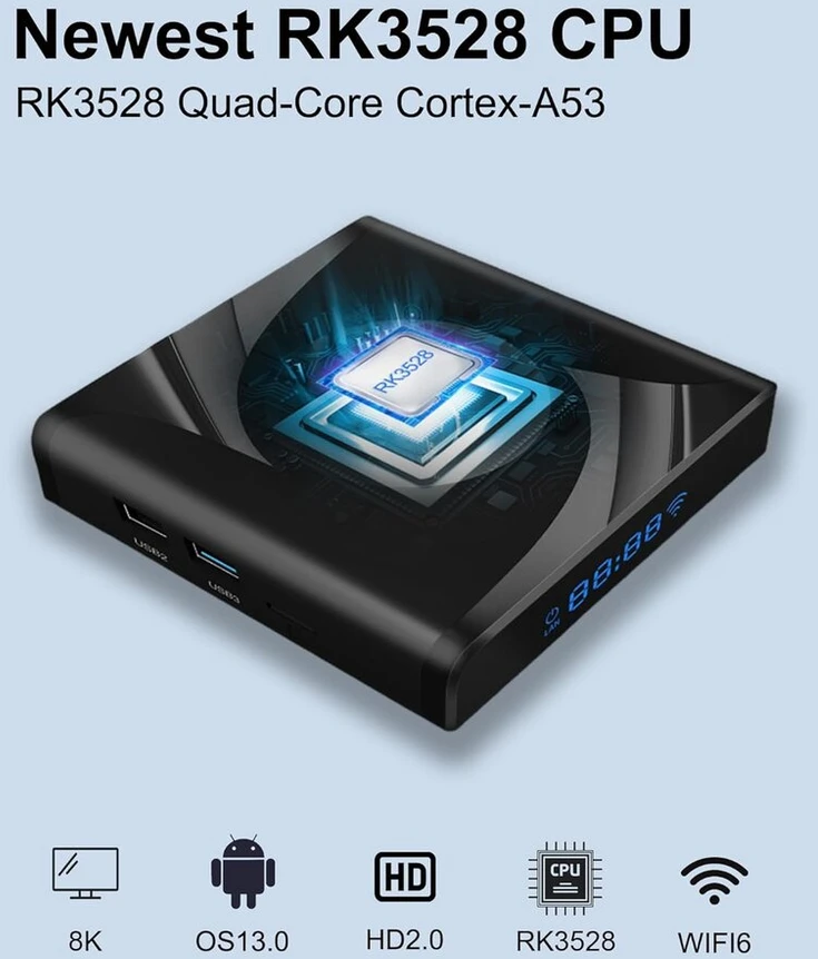 Ausinės Rupa Android Tv Box 13.0, naujausia 2025 m. Android dėžutė su 2g Ram, 16g Rom, Wifi6, enternet 10/100m, Bluetooth 5.0, Usb 3.0, palaiko 3d Hd 8k Cast Screen Tv Box