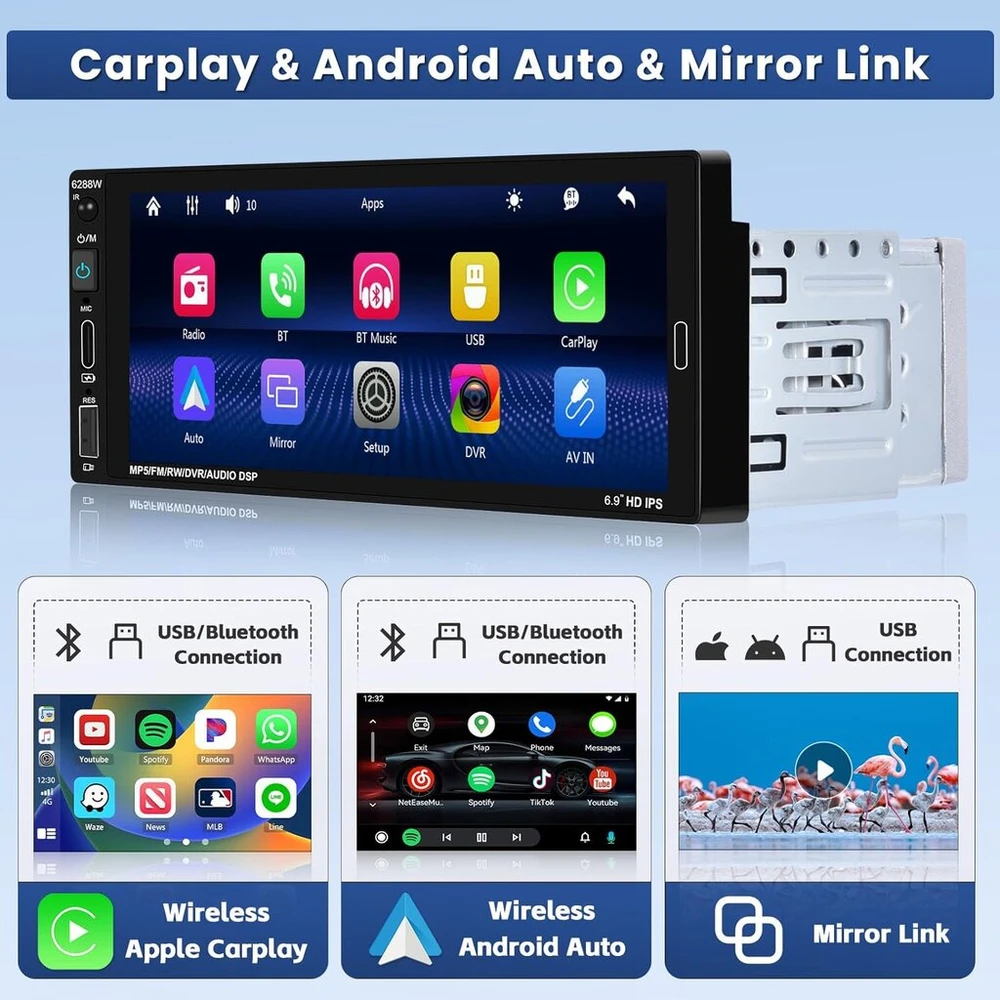 Automagnetola 1 din automobilinis radijas su bluetooth ir 7 colių ekranu, belaidis carplay ir android auto jutiklinis ekranas, atbulinės eigos kamera, mirror link, fm radijas, swc, usb type-c