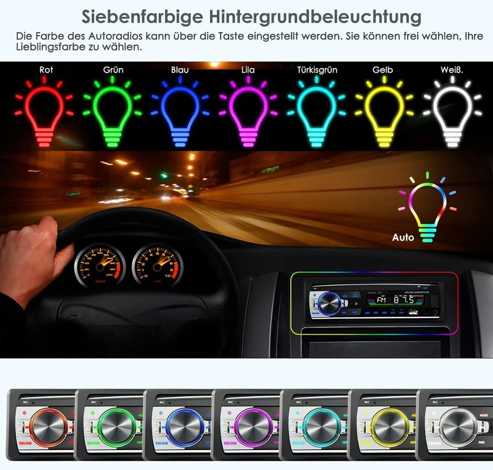 Automagnetola Automobilio radijas su Bluetooth, 7 spalvos, 1din, Mp3, Fm, Aux, Tf