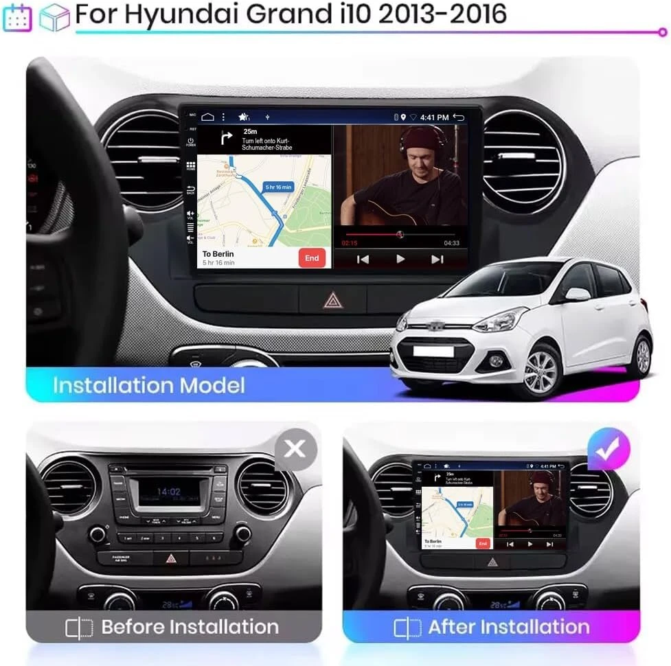 Automagnetola Bxliyer Android 14 automobilinis radijas Hyundai Grand I10 (2013-2018) navigacijos radijas - 4g + 64g - Dsp/carplay/android Auto - kamera + Mic - Ips 9 colių 2 Din - vairo valdymas dviejų dažnių Wifi Dab 360-cam