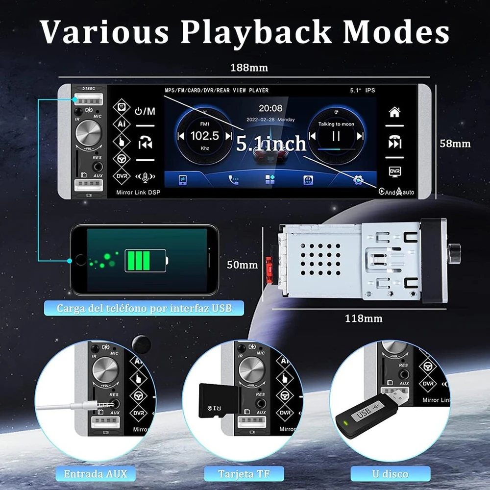 Automagnetola Camecho 1 din automobilinis radijas su carplay, 5.1 colio ekranas mp5 grotuvas su andorid auto/bluetooth laisvų rankų įranga/fm radijas/3 usb/tf/aux-in + atbulinės eigos kamera