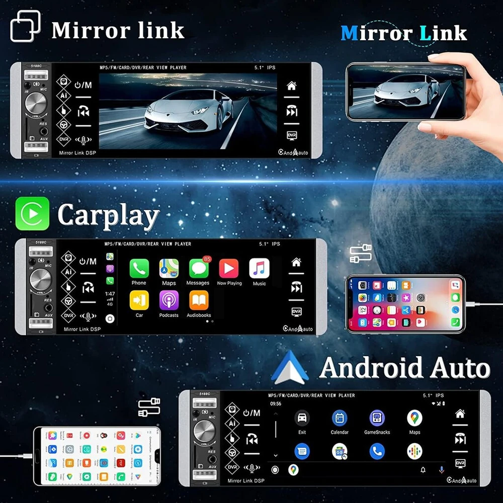 Automagnetola Camecho 1 din automobilinis radijas su carplay, 5.1 colio ekranas mp5 grotuvas su andorid auto/bluetooth laisvų rankų įranga/fm radijas/3 usb/tf/aux-in + atbulinės eigos kamera