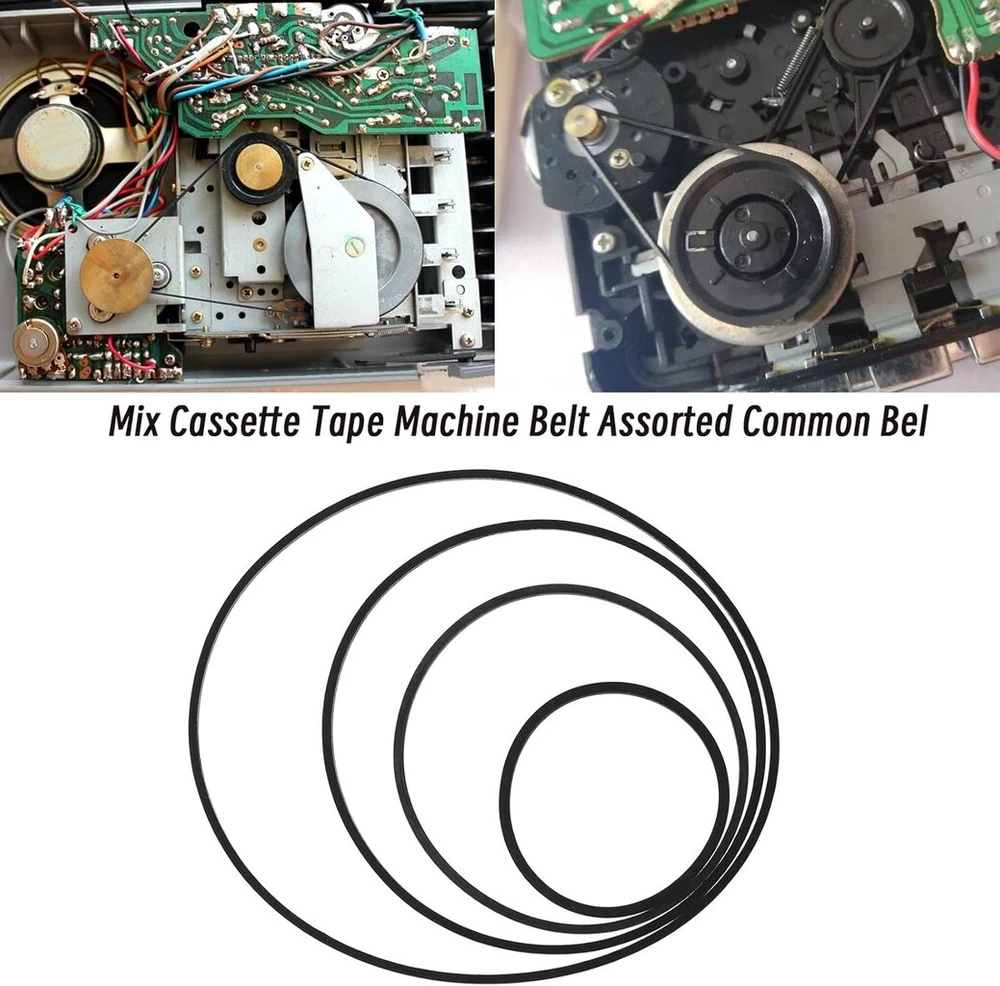 Automagnetola Ecsing 100 maišytų kasetinių magnetofonų dirželių pakuotė, įvairūs įprasti dirželiai, maišyti patefonų pavaros dirželiai, priedai patefonams, walkman'ams, dvd įrenginiams