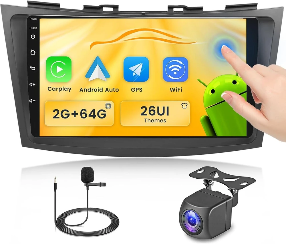 Automagnetola Fuluku 2+64g android automobilinis radijas, skirtas suzuki swift 2011-2017 su belaidžiu carpaly ir android auto, 9 colių ips jutiklinis ekranas su bluetooth/gps/atbuline kamera/fm/wifi/swc/26ui