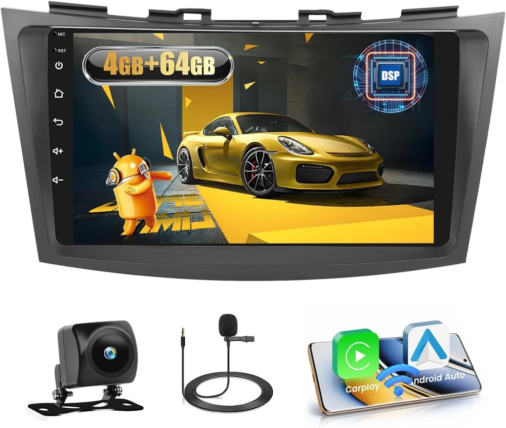 Automagnetola Fuluku 4+64g android automobilinis radijas, skirtas suzuki swift 2011 2012 2013 2014 2015 2016 2017 su belaidžiu carpaly ir android auto, 9 colių ips jutiklinis ekranas su bluetooth 5.0/gps/galinio vaizdo kamera/fm/wifi