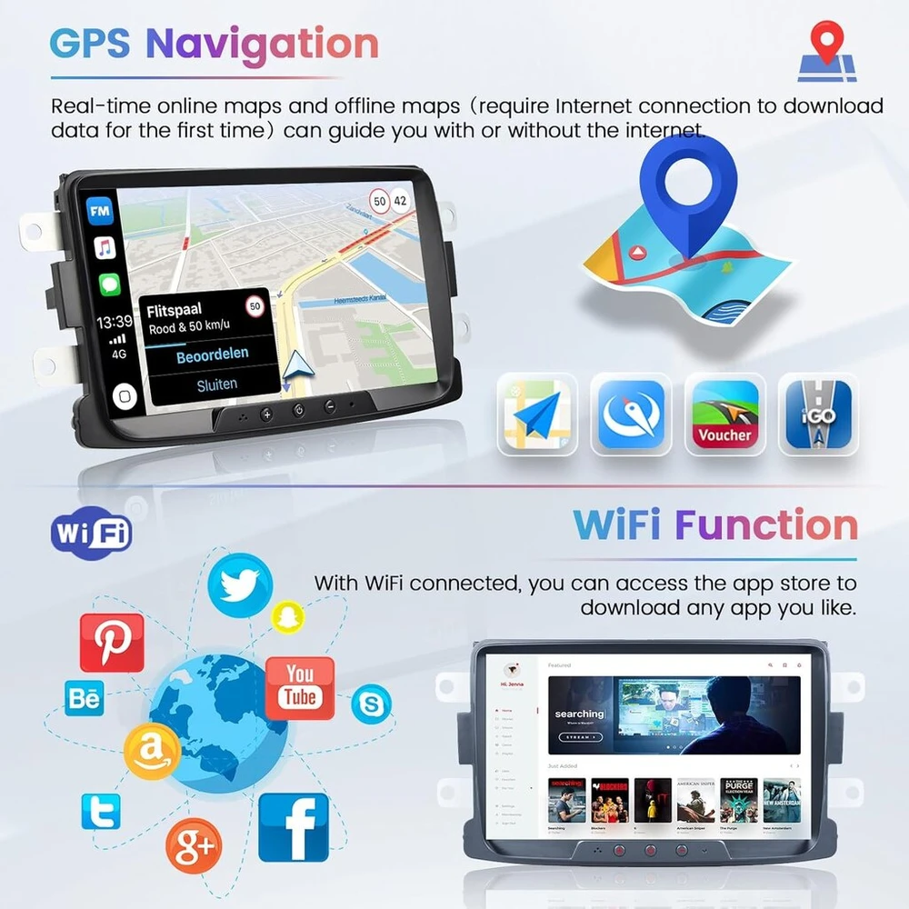 Automagnetola Hikity 2+64g 8 colių android 13 automobilinis radijas, skirtas renault dacia duster sandero logan dokker, belaidis carplay, bluetooth automobilinis radijas su navigacija, wifi mirror link, android auto fm rds swc atbulinės eigos kamera