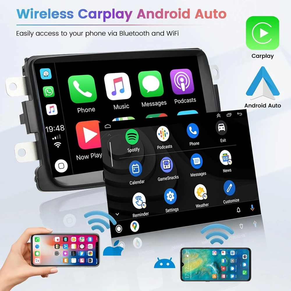 Automagnetola Hikity 2+64g 8 colių android 13 automobilinis radijas, skirtas renault dacia duster sandero logan dokker, belaidis carplay, bluetooth automobilinis radijas su navigacija, wifi mirror link, android auto fm rds swc atbulinės eigos kamera