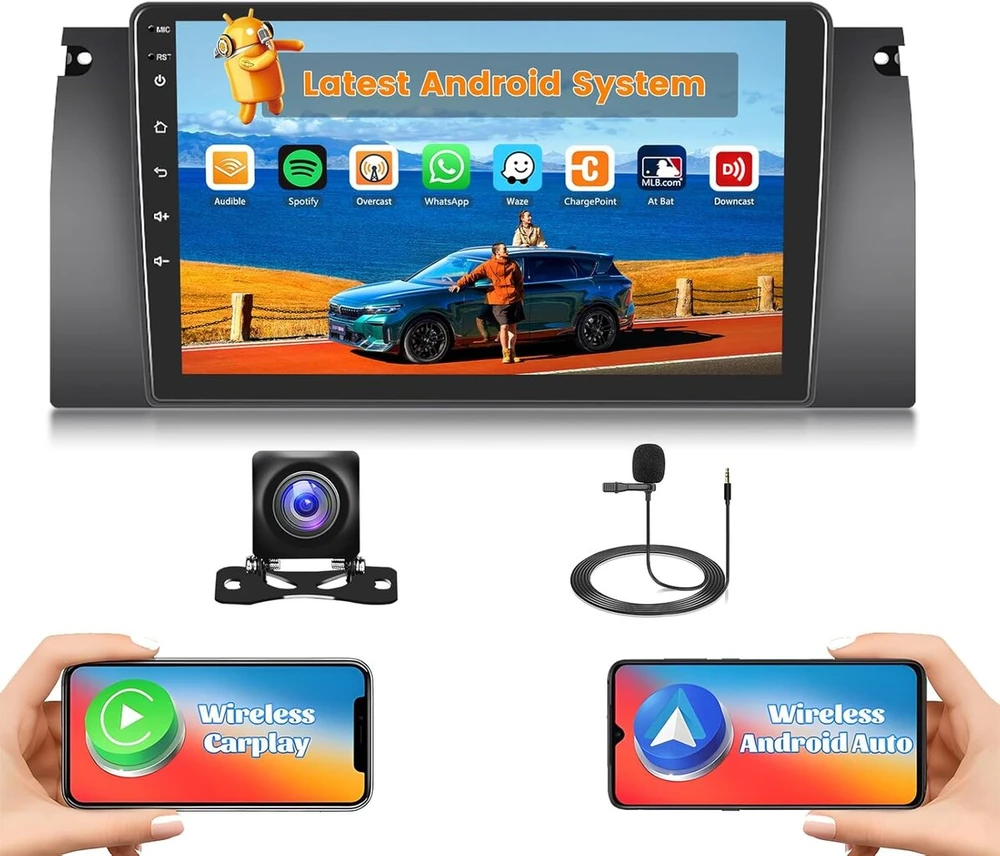 Automagnetola Hikity 2g + 64g android automobilinis radijas, skirtas bmw 5 serijos (x5/e39/m5/e53) 1996–2003 m., su 9 colių jutikliniu ekranu, 2 din radijas su belaidžiu carplay android auto rds/fm radiju bt gps wifi + atbulinės eigos kamera + mikrofonas