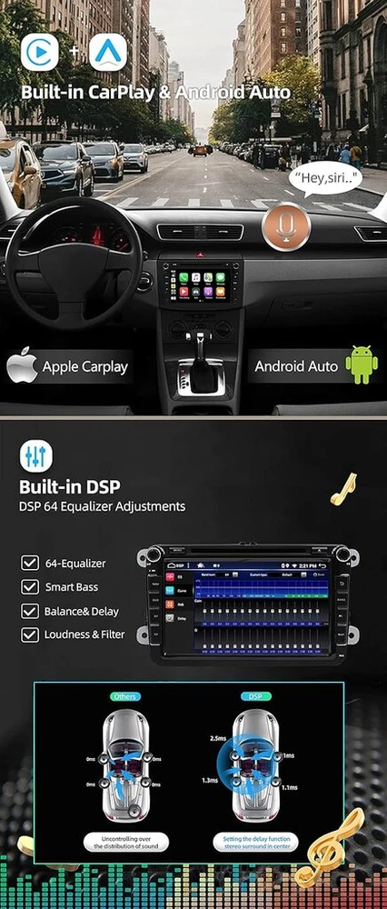 Automagnetola Joyx android 10 automobilinis radijas, tinkamas vw passat/golf/skoda/seat - 4g + 64g - įmontuotas dsp carplay android car - galinio vaizdo kamera canbus free - 8 colių - su dab vairo valdymu 4g wifi