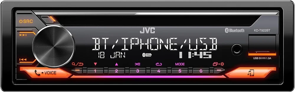 Automagnetola Jvc Kd-t922bt Cd grotuvas 1 Din su Bluetooth Spotify Usb Aux kintamos spalvos apšvietimu