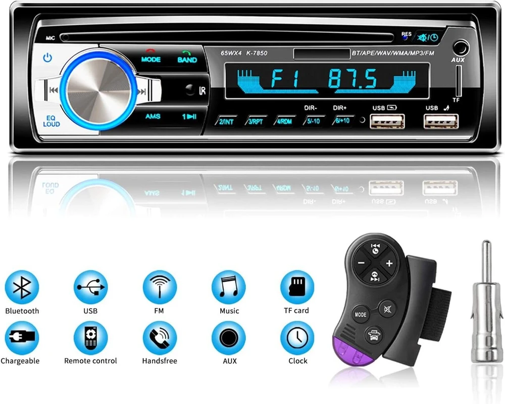 Automagnetola Lifelf automobilinis radijas su bluetooth laisvų rankų įranga, 65 W x 4 bluetooth automobilinis radijas 1 din su vairo nuotolinio valdymo pulteliu, fm/am/mp3 grotuvas, 2 x usb, tf, aux audio, antenos adapteris