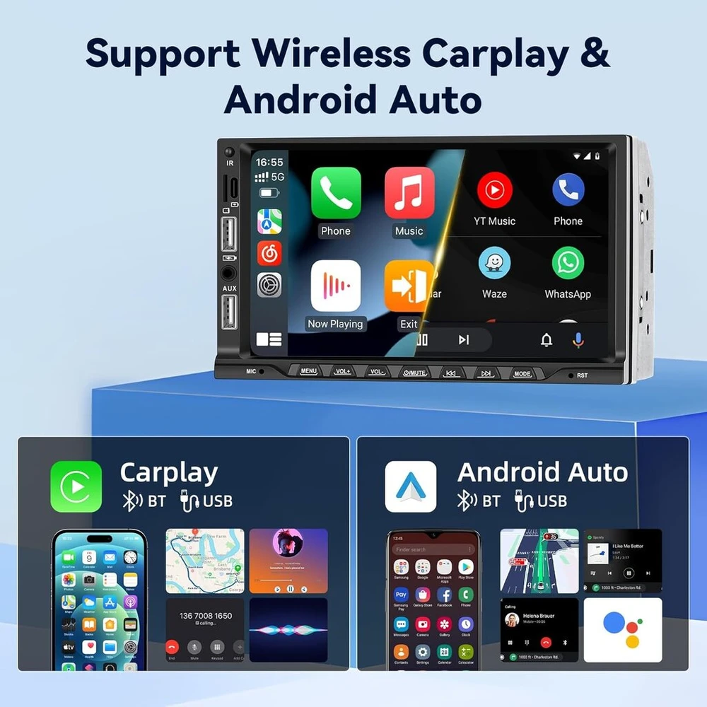 Automagnetola Nhopeew 2 din automobilinis radijas su belaidžiu carplay ir android car - 7 colių 2 din raio palaiko eq fm vairo valdymą, 16 vartotojo sąsajų, aux sd dvigubus usb prievadus + atbulinės eigos kamera