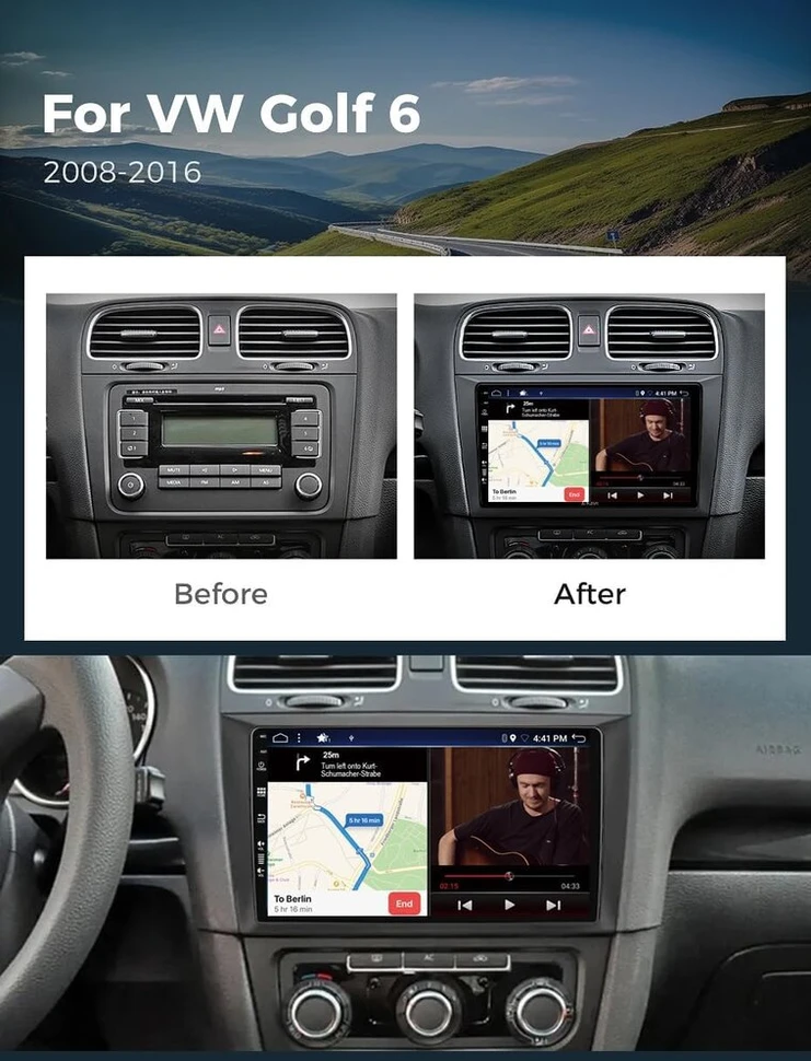 Automagnetola Sxauto android 14 ips automobilinis radijas vw golf 6 (2008-2016) - integruotas carplay android auto - atbulinės eigos kamera nemokamai - 2g + 32g - vairo valdymas dab greitas įkrovimas wifi bluetooth - 2 din 9 colių