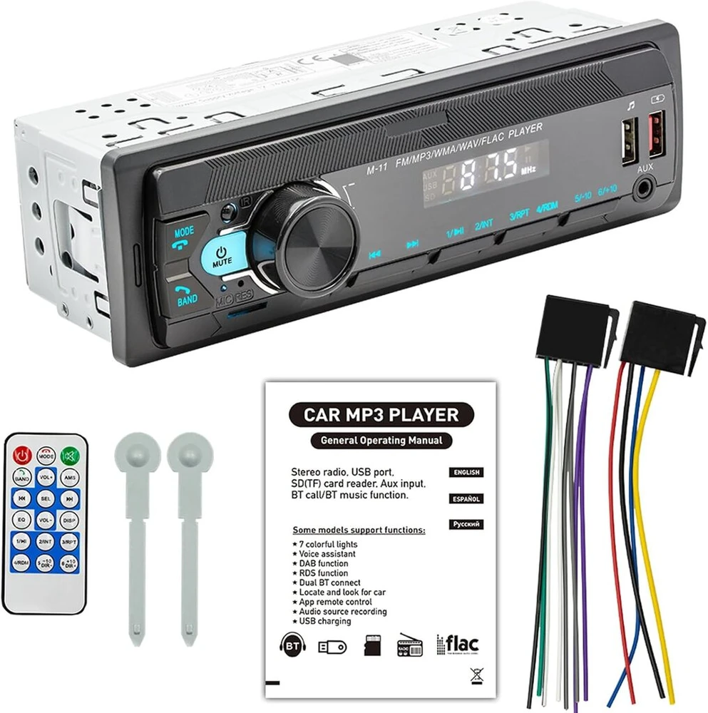 Automagnetola Yolispa automobilinis radijas su bluetooth, 7 spalvų automobilinis radijas su usb/aux/sd/mp3 grotuvu, automobilinis radijas su bluetooth laisvų rankų įranga, universalūs fm automobiliniai radijo imtuvai su fm 87.5 ~ 108 mhz priėmimo dažniu