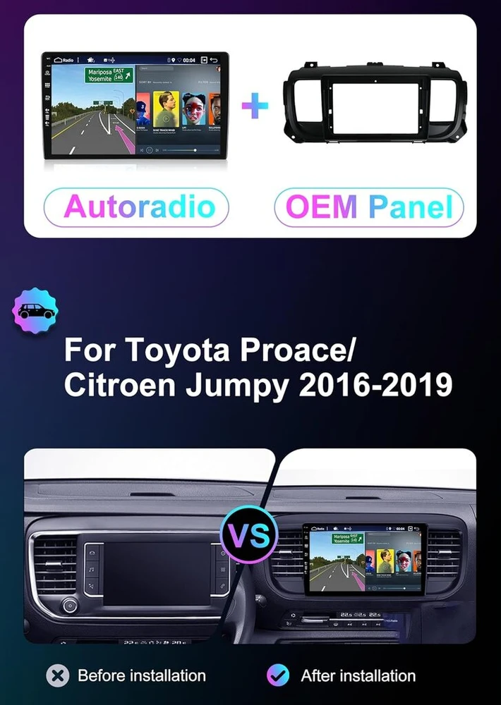 Automagnetola Yuntx [6gb + 128gb] Android 14 automobilinis radijas Toyota Proace/citroen Jumpy 2016-2019-[integruotas Carplay/android Auto/dsp/gps]-9 colių Ips ekranas Dab/mirror Link/bluetooth 5.0/360 kamera