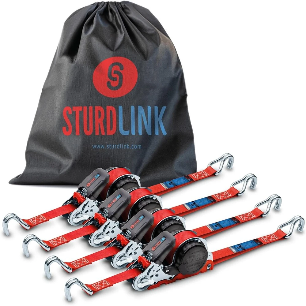 Automatinis surišimo diržas 5 m 25 mm su j formos kabliu 350 kg / 700 kg | 4 tempimo diržų rinkinys savaime susivyniojantis | Automatinis tempimo diržo vyniotuvas / tempimo diržo ritė | Surišimo diržas sunkvežimio priekabai
