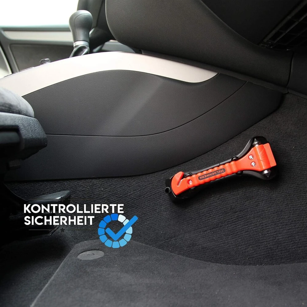 Automobilio avarinis plaktukas su diržo pjaustytuvu ir langų daužikliu