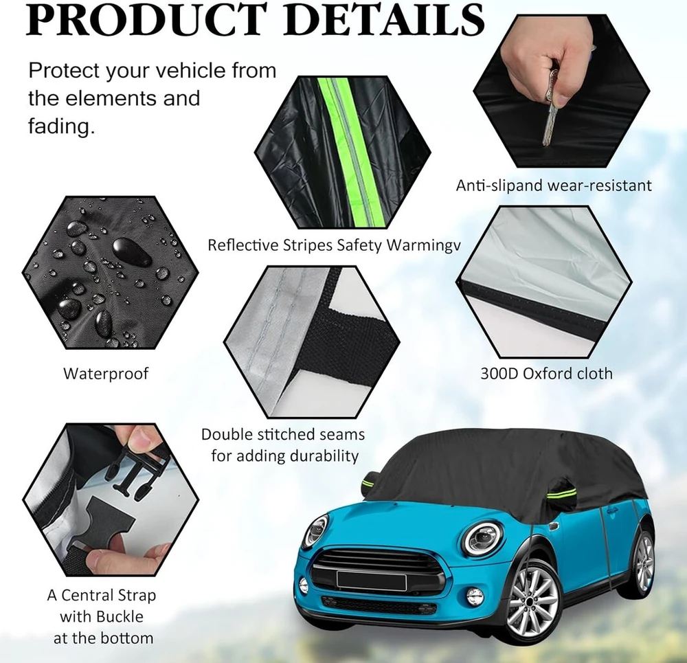 Automobilio uždangalas, atsparus vandeniui, skirtas mini cooper 3 door 2000-2024, skirtas mini cooper, 600d automobilio uždangalas, atspari vandeniui apsauga nuo saulės, neperšlampamas automobilio uždangalas, skirtas visoms oro sąlygoms (juodas)